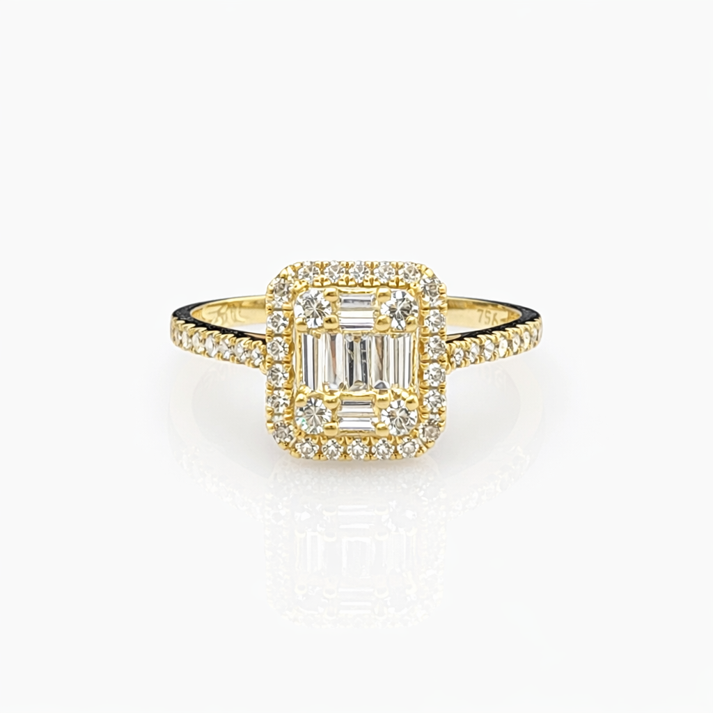 18ct Yellow Gold Natural Diamond Halo Ring 0.50ct TDW Round & Baguette Cut - 18KR41292AL Gold Rings 