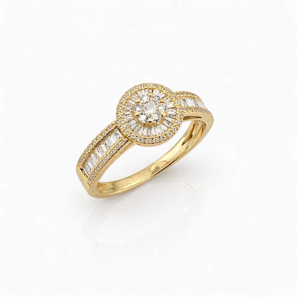 18ct Yellow Gold Natural Diamond Halo Ring 0.42ct TDW Round & Baguette Cut - 18KR29957AL Gold Rings 