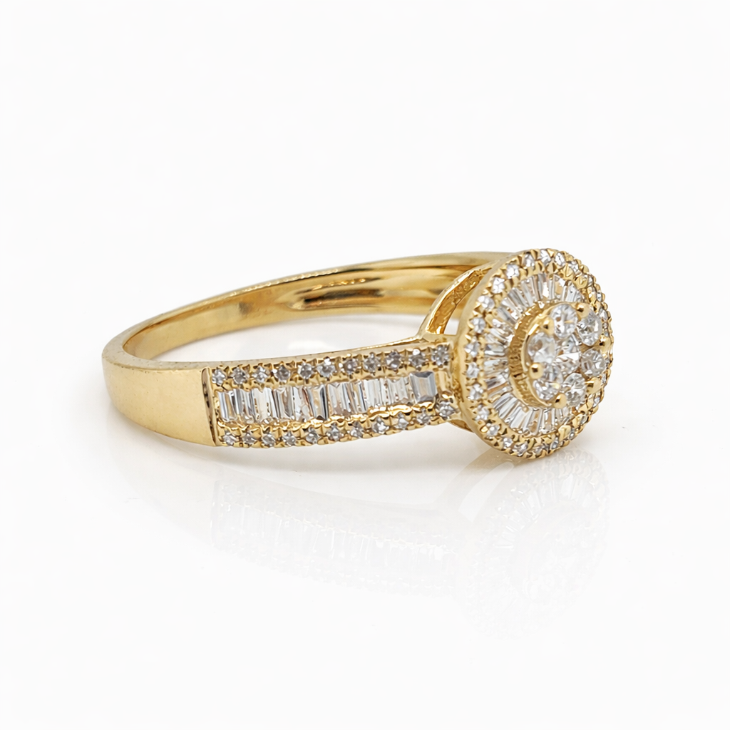 18ct Yellow Gold Natural Diamond Halo Ring 0.42ct TDW Round & Baguette Cut - 18KR29957AL Gold Rings 18ct Yellow Gold Natural Diamond Halo Ring 0.42ct TDW Round & Baguette Cut - 18KR29957AL Gold Rings