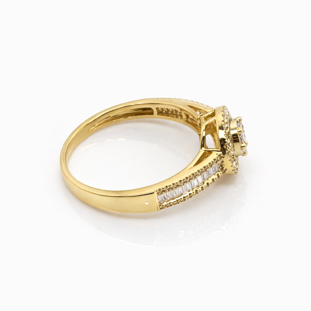 18ct Yellow Gold Natural Diamond Halo Ring 0.42ct TDW Round & Baguette Cut - 18KR29957AL Gold Rings 18ct Yellow Gold Natural Diamond Halo Ring 0.42ct TDW Round & Baguette Cut - 18KR29957AL Gold Rings