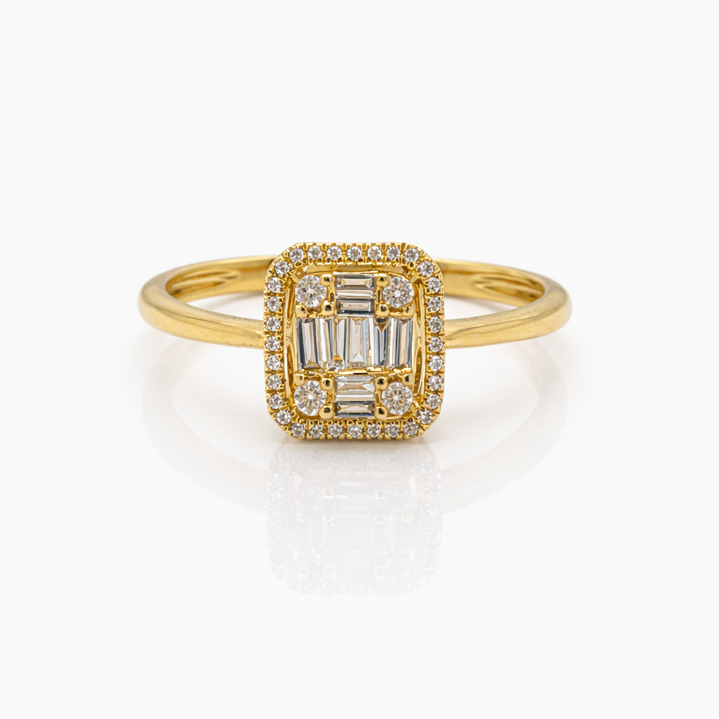 18ct Yellow Gold Baguette & Round Diamond Halo Ring – 0.15ct TDW - 18KR35808AL Gold Rings 18ct Yellow Gold Baguette & Round Diamond Halo Ring – 0.15ct TDW - 18KR35808AL Gold Rings