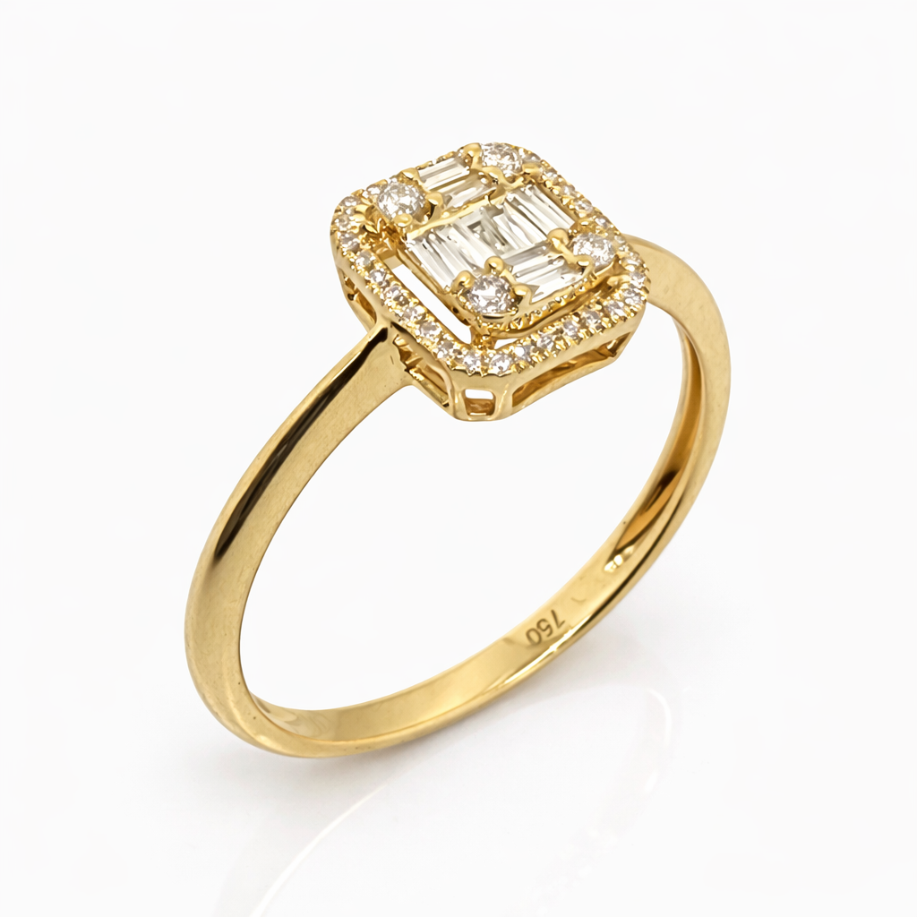 18ct Yellow Gold Baguette & Round Diamond Halo Ring – 0.15ct TDW - 18KR35808AL Gold Rings 
